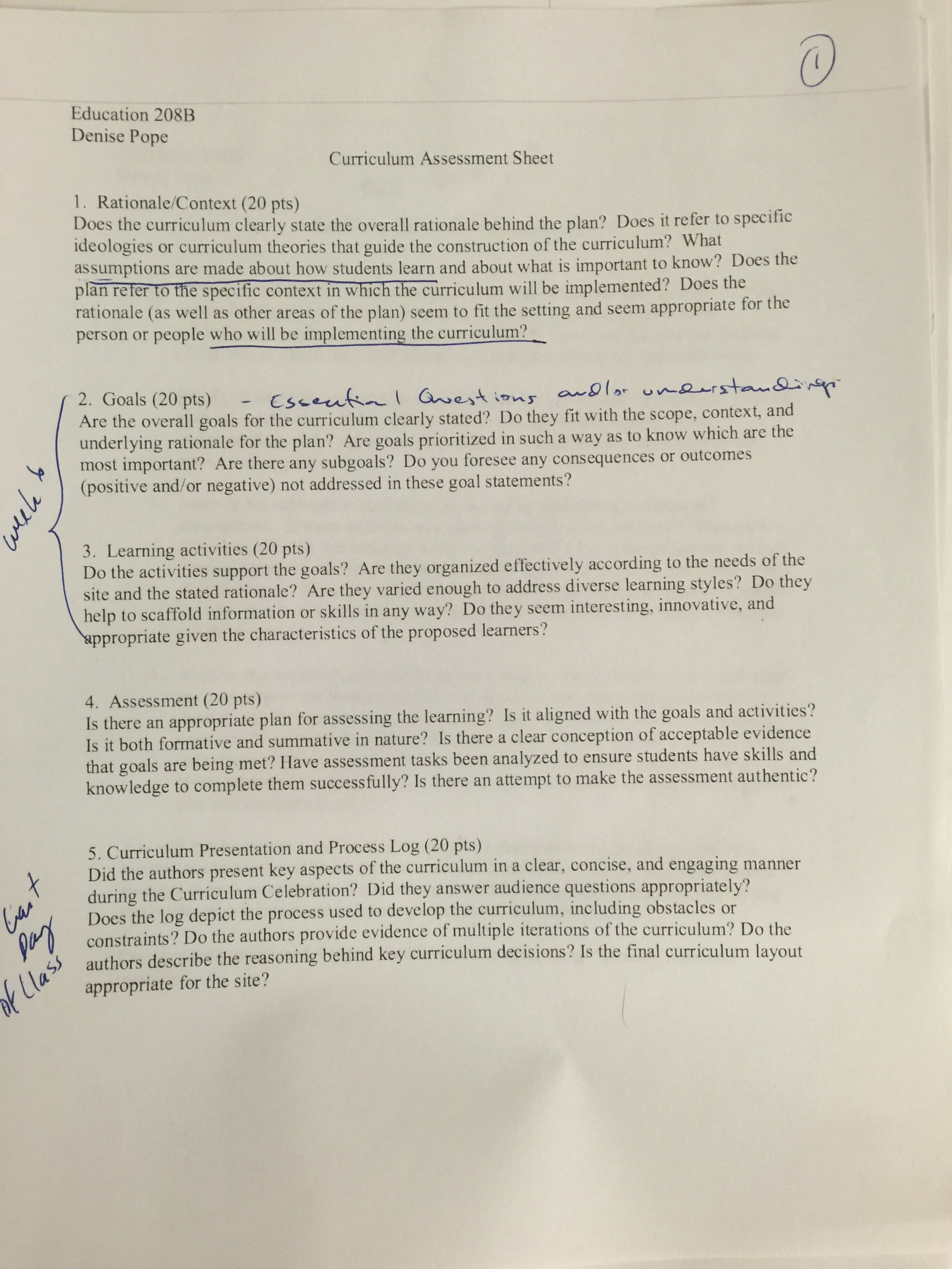 Curriculum Construction - Week 5 - Class Notes