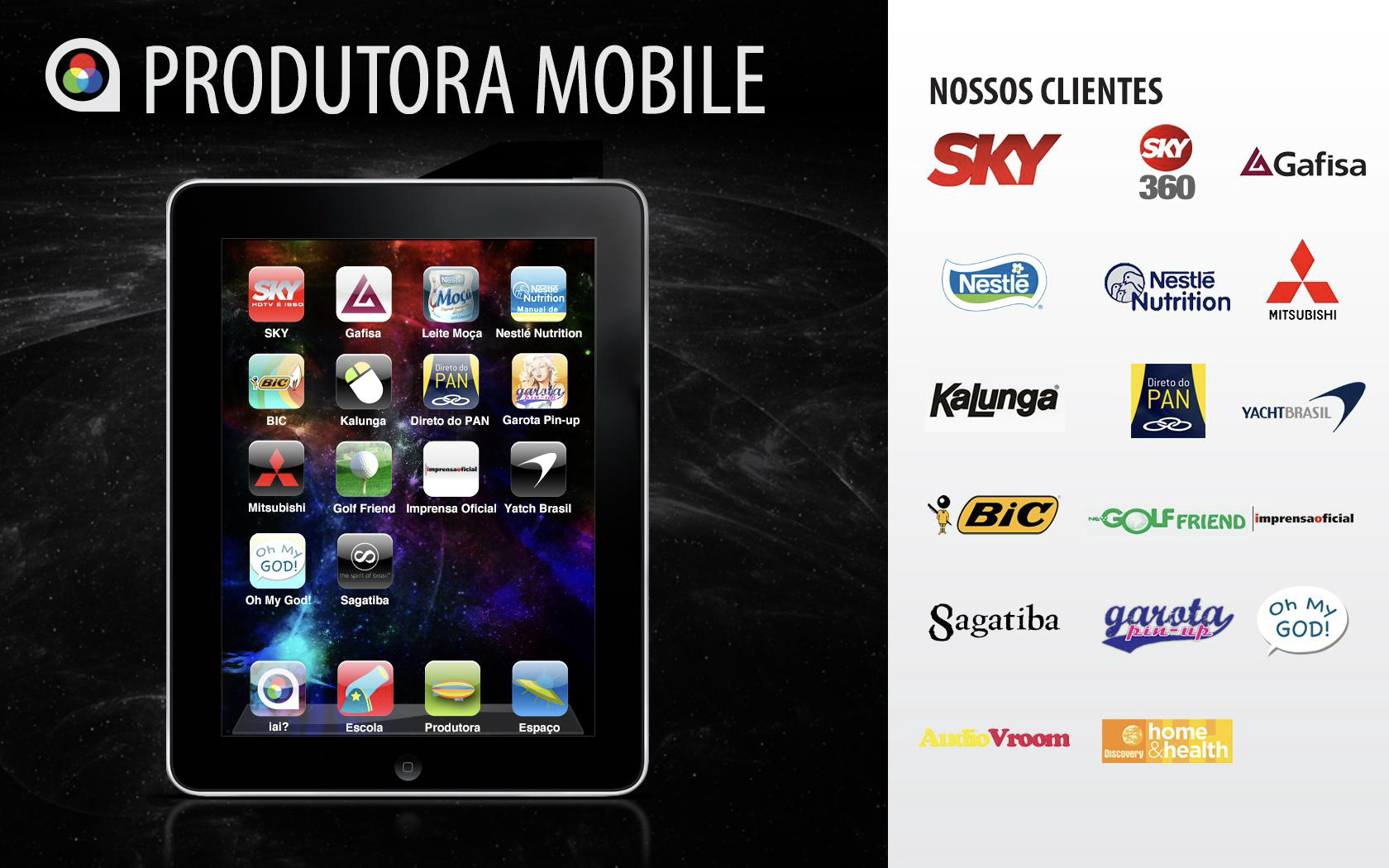 iAi? Produtora Mobile showcase displaying an iPad with client app icons and logos of all clients including SKY, Gafisa, Nestle, BIC, Kalu…