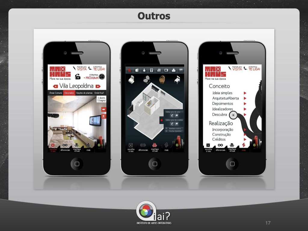 Portfolio slide titled 'Outros' showing MaxHaus real estate app screenshots on three iPhones