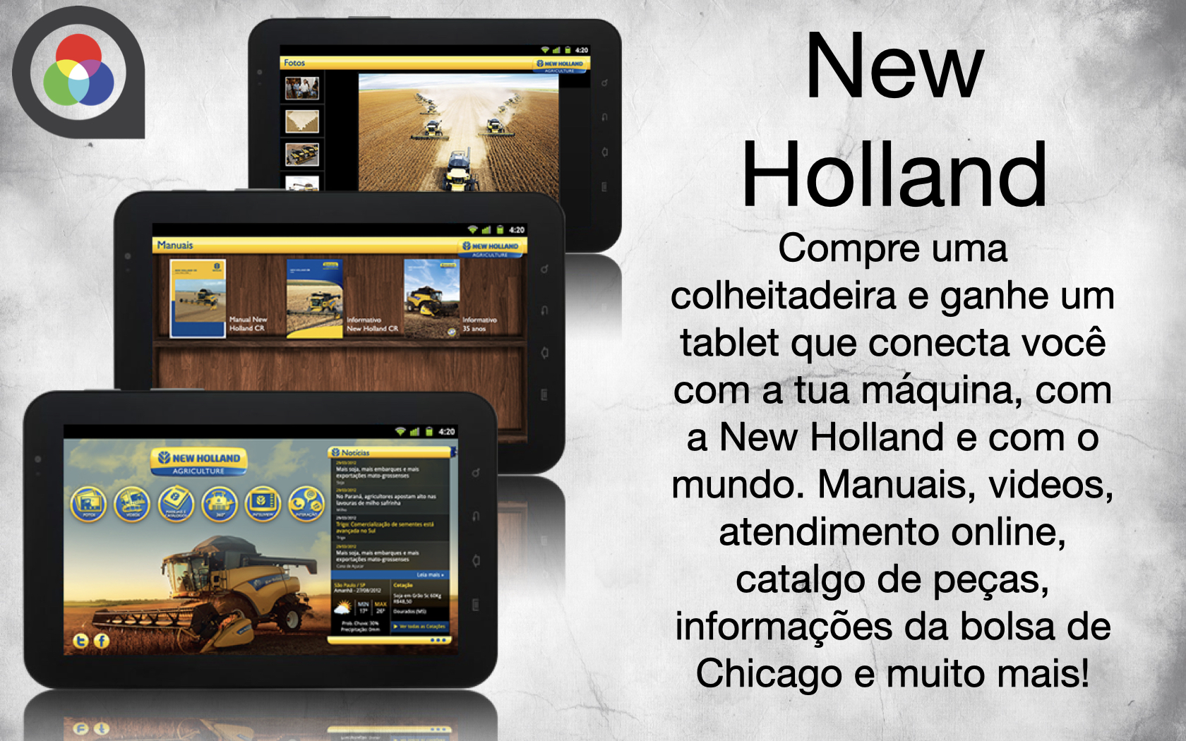 Showcase of New Holland agriculture tablet app featuring manuals, videos, online support, parts catalog, and Chicago stock exchange info.