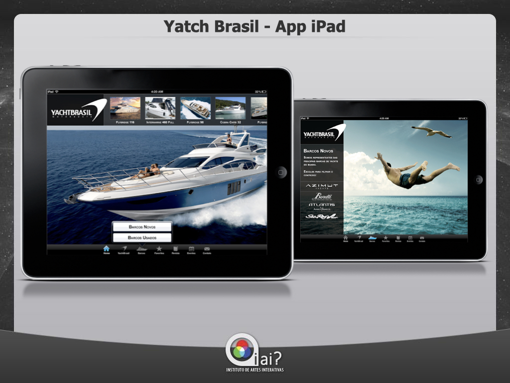 Yacht Brasil iPad app showcase with two iPads displaying yacht gallery and brand filtering for Azimut, Benetti, Atlantis, and Sea Ray.